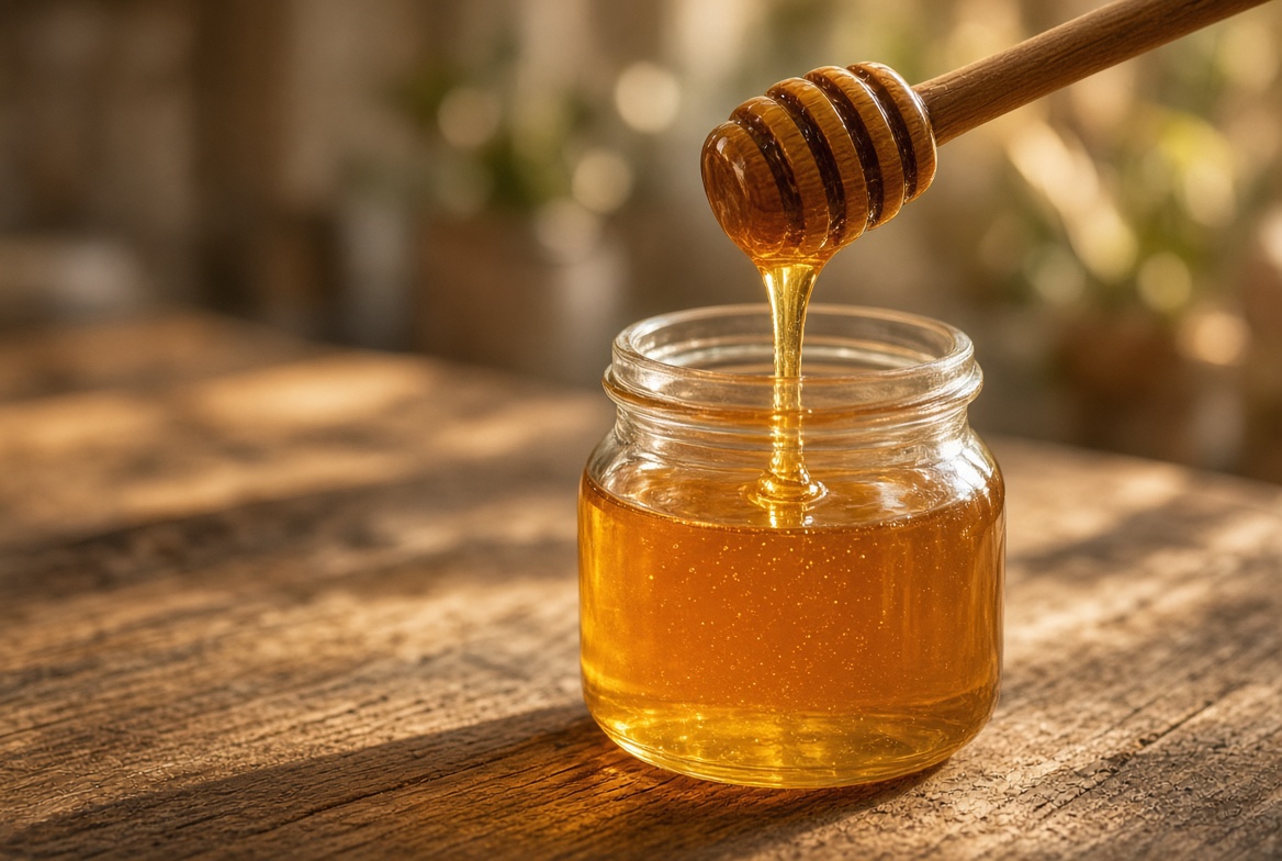 Honey dripping into a glass jar
