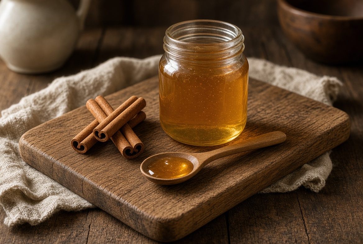 Honey jar and cinnamon sticks on a wooden board