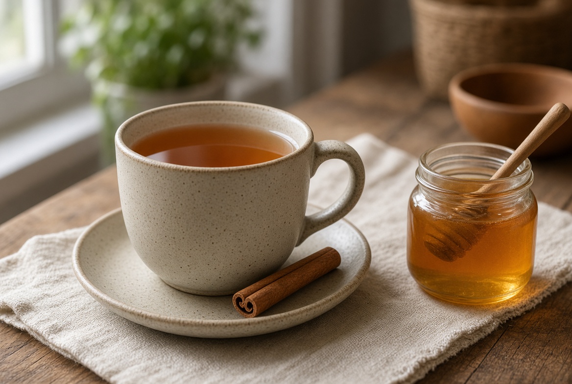 A mug of tea with honey and cinnamon